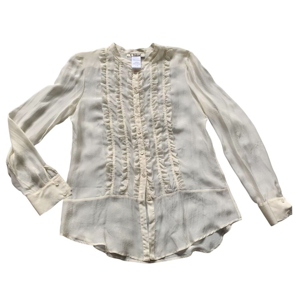 CHLOÉ Ruffled Georgette 100% Silk cream Blouse Shirt Top sz M
